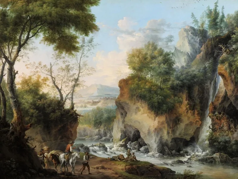 1710-Francesco Foschi - Paesaggio con figure lungo un fiume